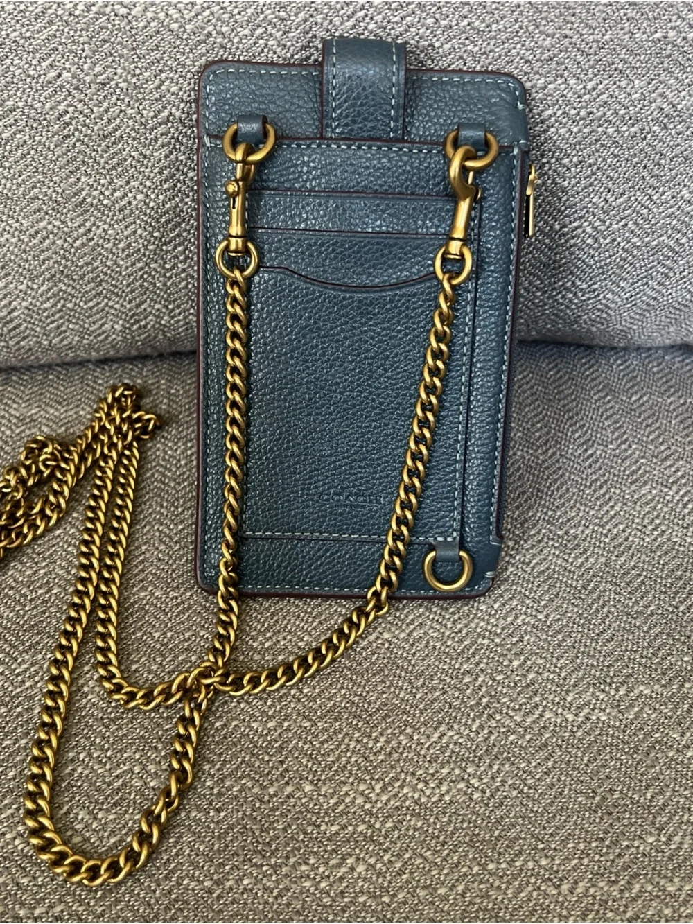 Coach Women's Turnlock Pebbled Leather Phone Crossbody Bag - Blue  & Gold Chain